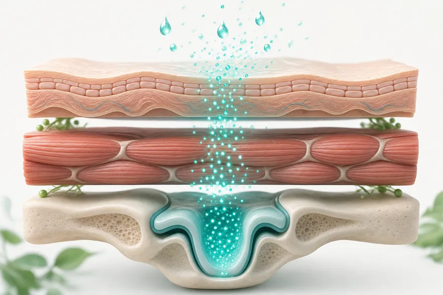 Esquema de la penetración de Fleko en tres capas: piel, fibra muscular y cartílago articular